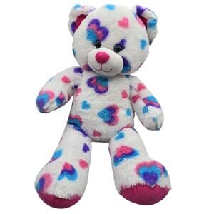 Build a bear White Bear With Pink, Blue, and Purple Hearts